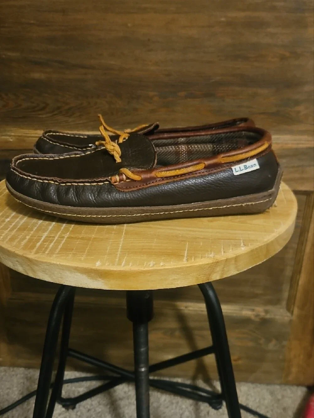 LL Bean Men's Brown Leather Moccasin Loafers with Tan Laces